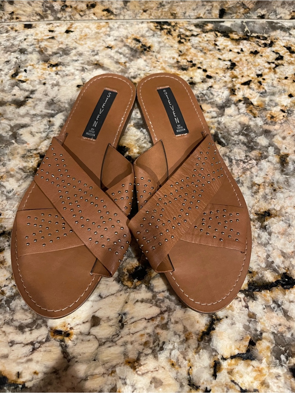 Steve Madden Brown Studded Crisscross Slide Sandals